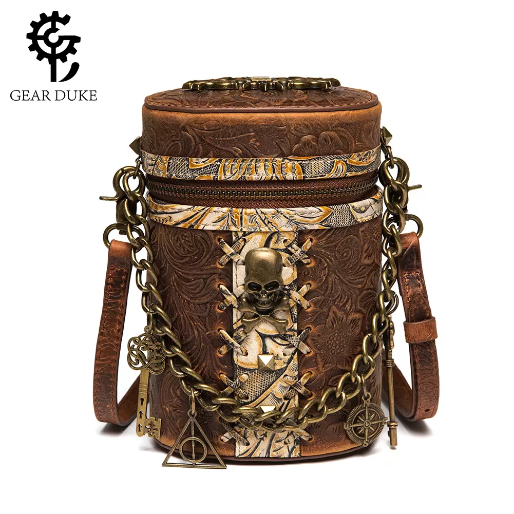 Steampunk retro embossed cylinder bag Skull metal chain decoration niche design genuine leather texture shoulder crossbody women's bag