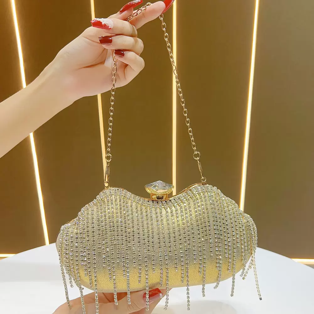Luxury Rhinestone Fringe Clutch Bag - Sparkling Evening Purse with Chain Strap for Party Wedding Prom